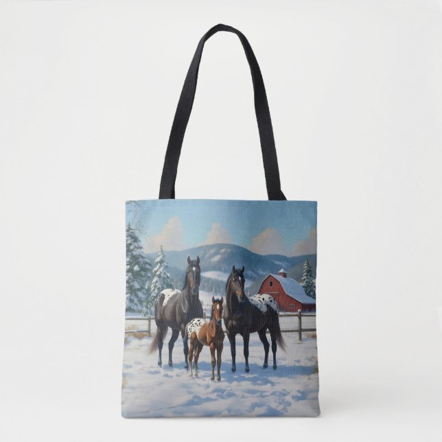 Black Appaloosa Horses on a Farm in Winter Tote Bag (Front)