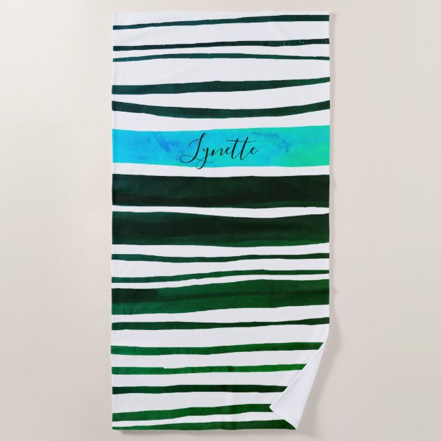 Black aqua, blue, green painted stripes  beach towel (Front)
