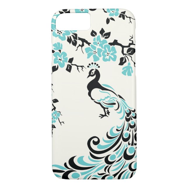 Black, aqua blue peacock & cherry blossoms Case-Mate iPhone case (Back)