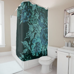 BLACK AQUA BLUE SPRING FLORAL PATTERN SHOWER CURTAIN