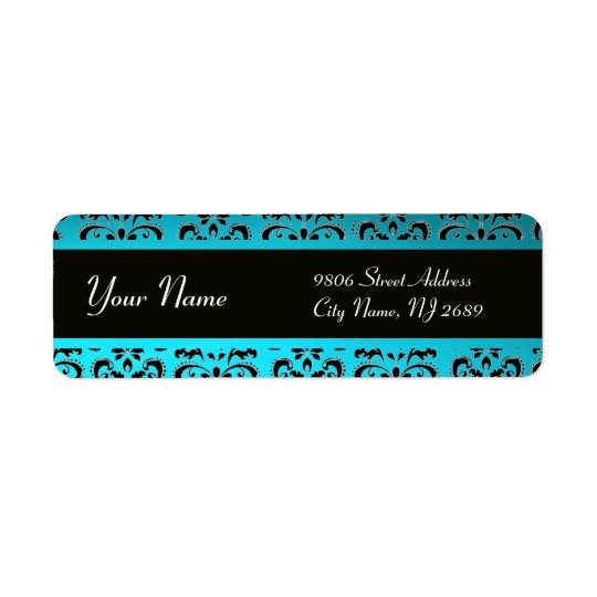 BLACK AQUA BLUE TEAL DAMASK RETURN ADDRESS LABEL