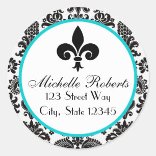 Black & Aqua Damask Fleur De Lys Address Label