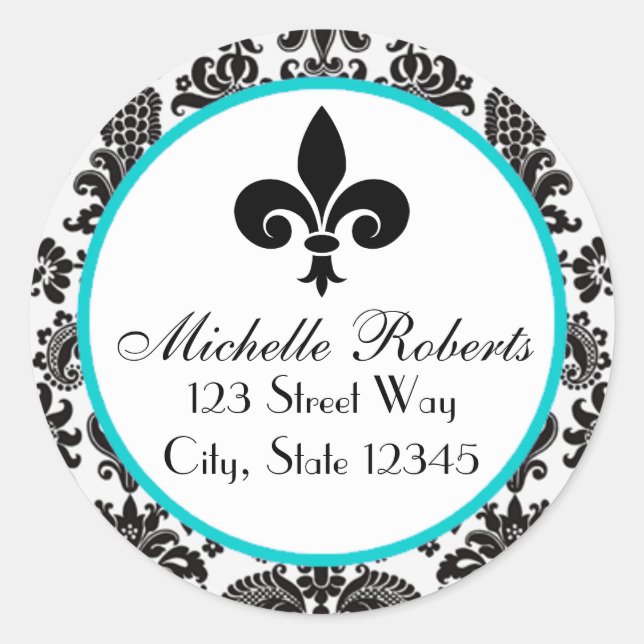 Black & Aqua Damask Fleur De Lys Address Label (Front)