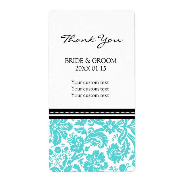 Black Aqua Damask Pattern Wedding Labels (Front)