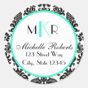Black & Aqua Damask Round Return Address Label