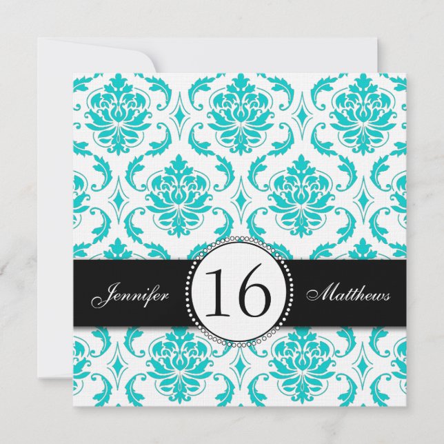 Black Aqua Damask Sweet Sixteen Party Invitation (Front)
