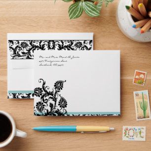 Black Aqua Damask Wedding Envelopes Black Inside