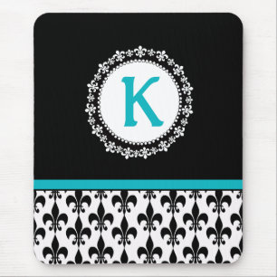 Black Aqua Monogram Fleur de Lis Mousepad