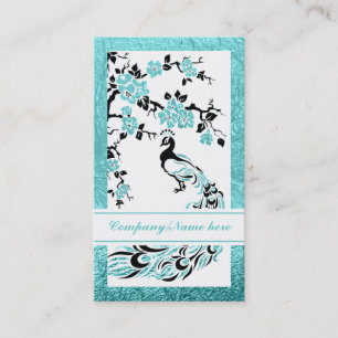 Black, aqua peacock and cherry blossoms business card