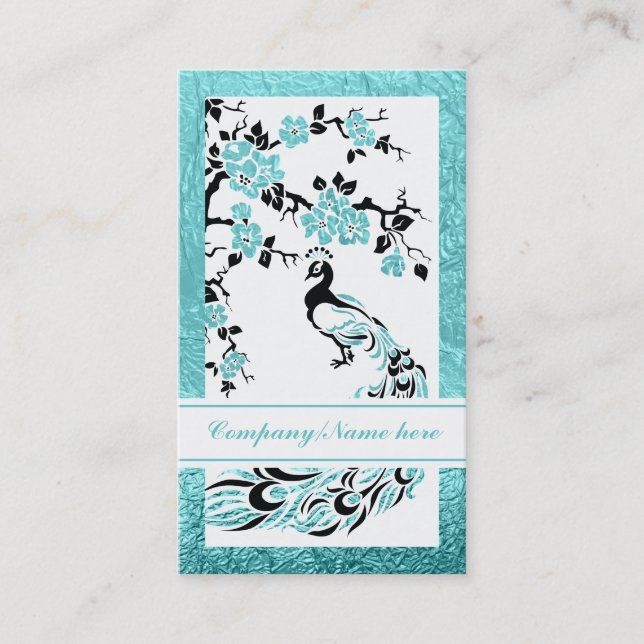 Black, aqua peacock and cherry blossoms business card (Front)