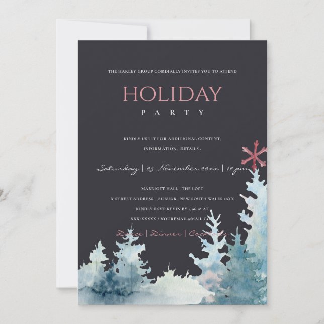 BLACK AQUA PINE TREE SNOWY FOREST CHRISTMAS PARTY HOLIDAY CARD (Front)