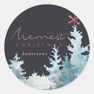 BLACK AQUA PINK SNOWY FOREST PINE TREE CHRISTMAS CLASSIC ROUND STICKER
