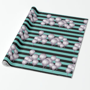 Black AQUA STRIPE GRAY Balloon BIRTHDAY WRAP Wrapping Paper