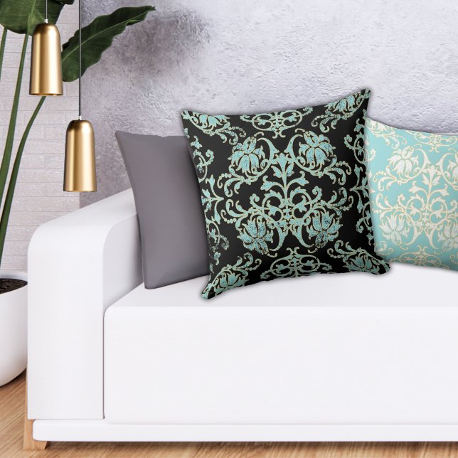 Black Aqua Teal  Gold Damask Pillow (Creator Uploaded)