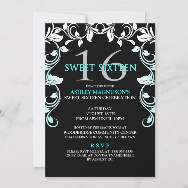 Black/Aqua Vines Sweet 16 Invitation (Front)