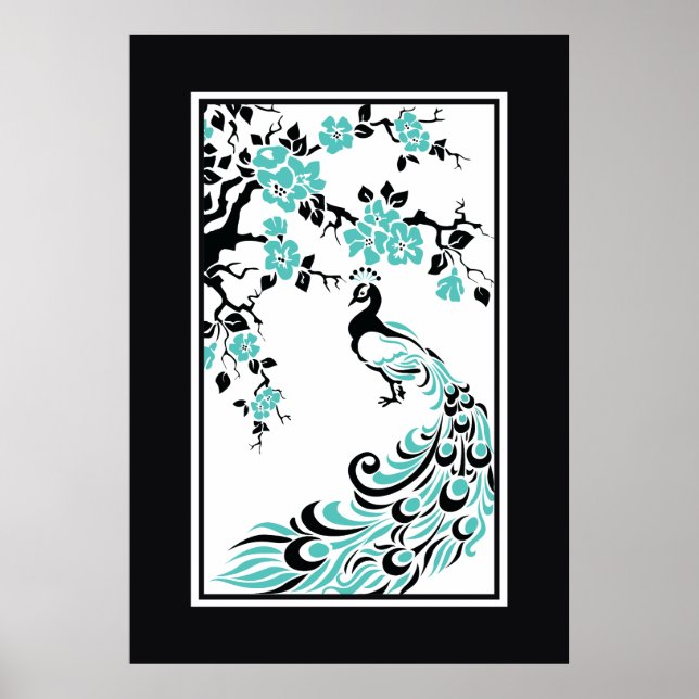 Black, aqua, white peacock and cherry blossoms poster (Front)