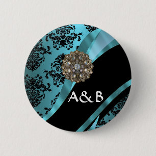 Black & aquamarine damask 6 cm round badge