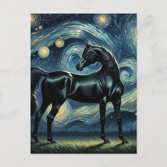 Black Arabian Horse in Van Gogh Starry Night Postcard (Front)