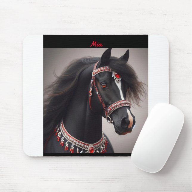 Black Arabian Horse Portrait Mouse Mat (With Mouse)