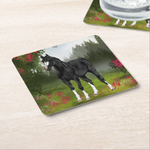 Black Arabian Horse Print Square Paper Coaster