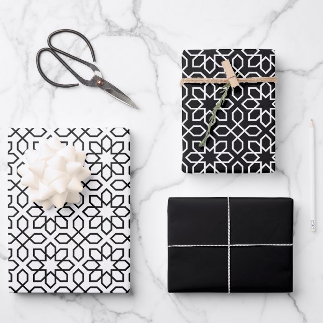 Black Arabic Geometric Pattern Wrapping Paper Sheet (Front)