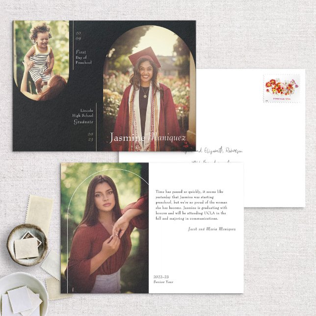 Black Arch Photo Then/Now Graduation Announcement (Creator Uploaded)