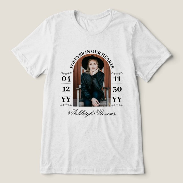 Black Arched Photo Add Dates Forever In Our Hearts Tri-Blend Shirt (Design Front)