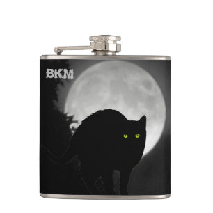 Black Arching Cat at Moonrise Hip Flask
