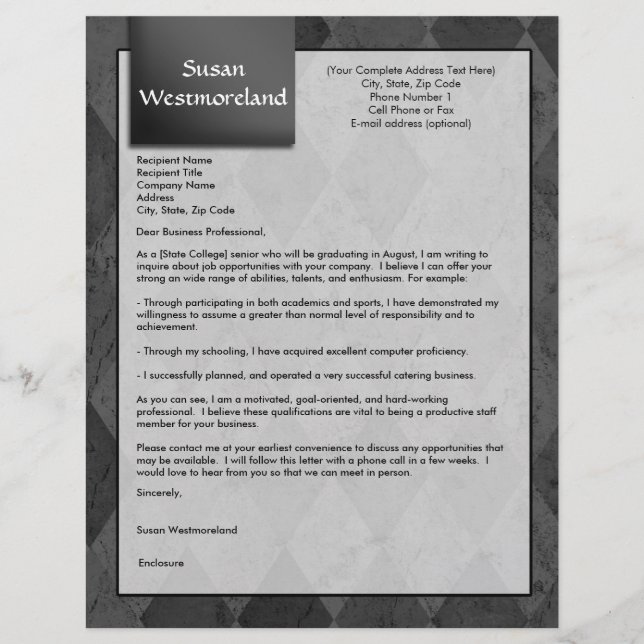 Black Argyle Custom Cover Letter Template (Front)