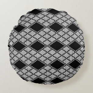 BLACK ARGYLE KNIT Round Throw Pillow