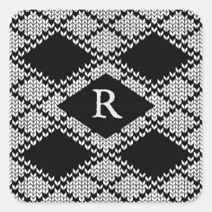 BLACK ARGYLE KNIT Small Square Stickers + Initial 
