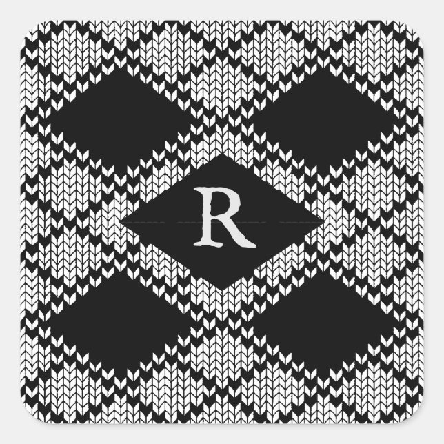 BLACK ARGYLE KNIT Small Square Stickers + Initial  (Front)