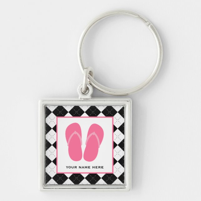 Black Argyle & Pink Flip Flops Key Ring (Front)