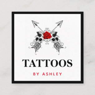 Black Arrows & Red Rose Tattoo Artist Feminine Square Business Card