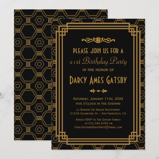Black Art Deco Birthday Party Invites (Front/Back)