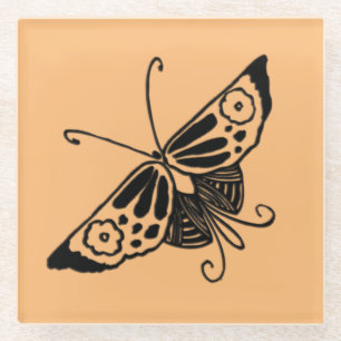 Black Art Deco Butterfly - Customisable Background Glass Coaster