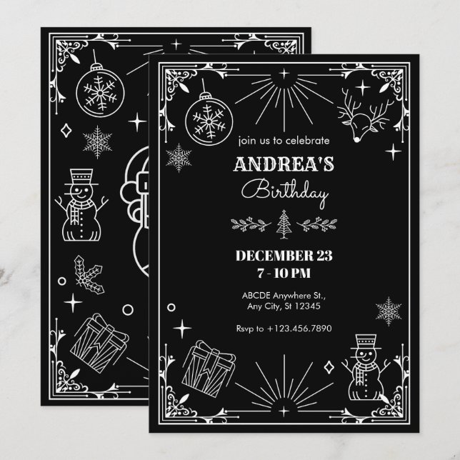 Black art deco christmas ornament invitation (Front/Back)