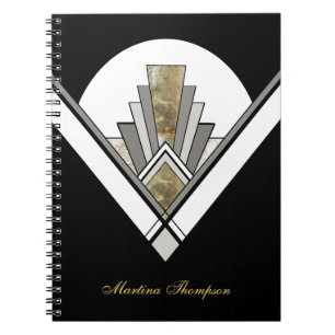 Black Art Deco Geometric Personalised Notebook
