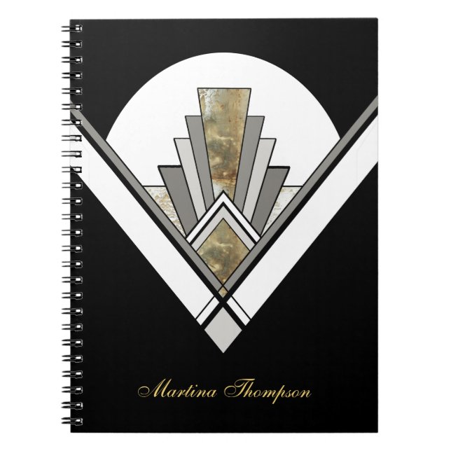 Black Art Deco Geometric Personalised Notebook (Front)