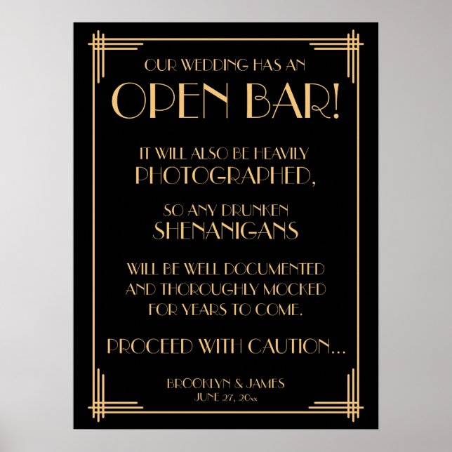 Black Art Deco Gold Gatsby Open Bar Sign 18x24 (Front)