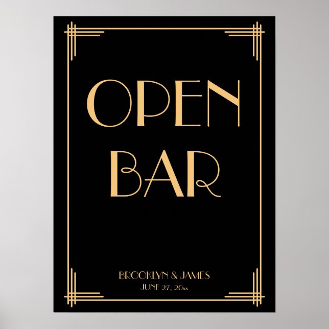Black Art Deco Gold Wedding Open Bar Sign 18x24 (Front)