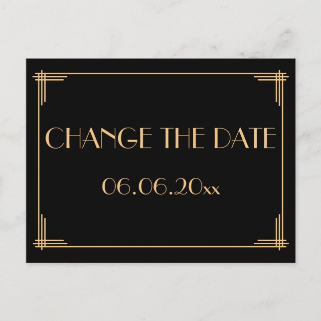 Black Art Deco Great Gatsby Change The Date Announcement Postcard (Front)