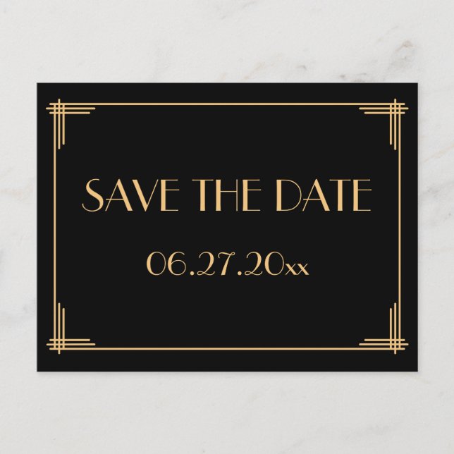 Black Art Deco Great Gatsby Save The Date Postcard (Front)