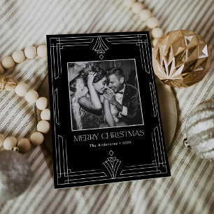 Black Art Deco   Modern Photo Christmas Holiday Card