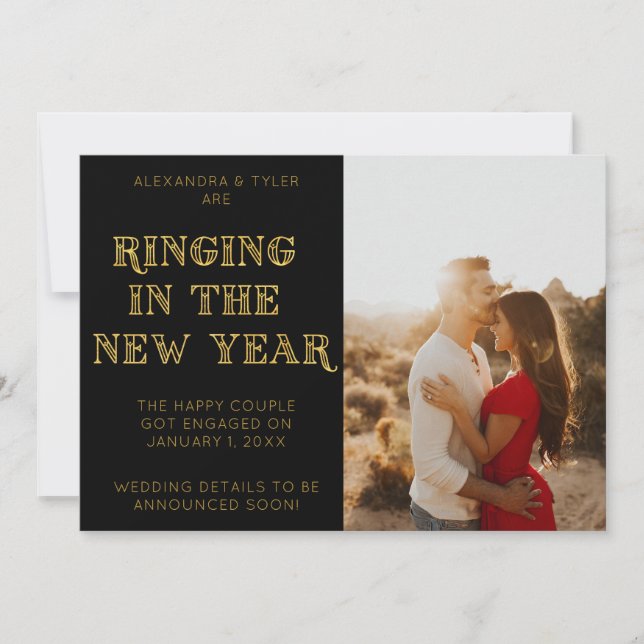 Black Art Deco Modern Photo New Year Engagement An Announcement (Front)