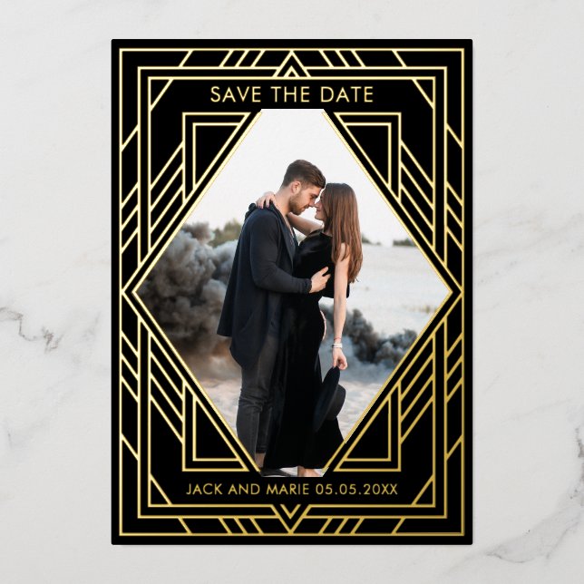 Black Art Deco Modern Save the Date  Foil Holiday Card (Front)