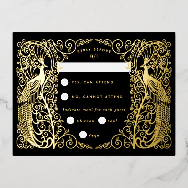 Black Art Deco Peacocks Gold Foil Rsvp Card (Front)