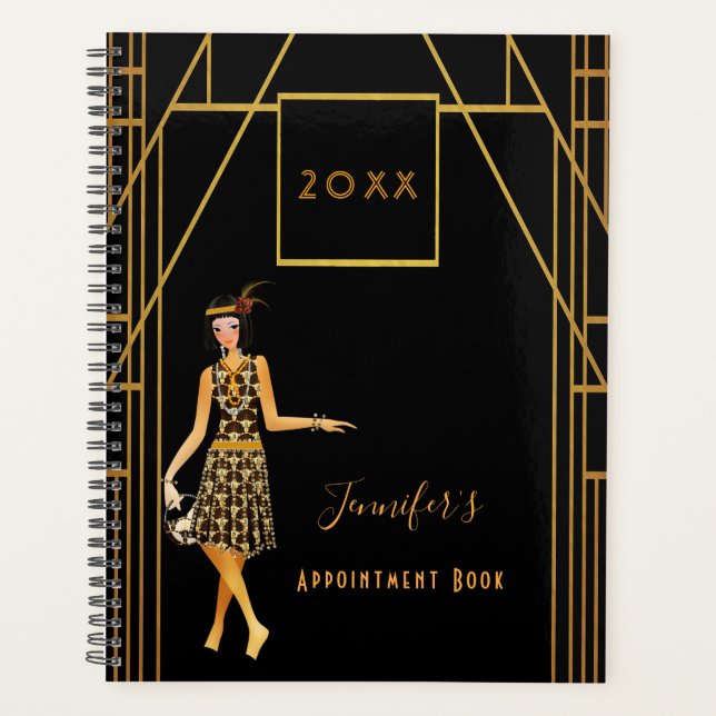 Black art deco style flapper girl planner (Front)