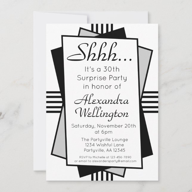 Black Art Deco Surprise Party Birthday Invitation (Front)
