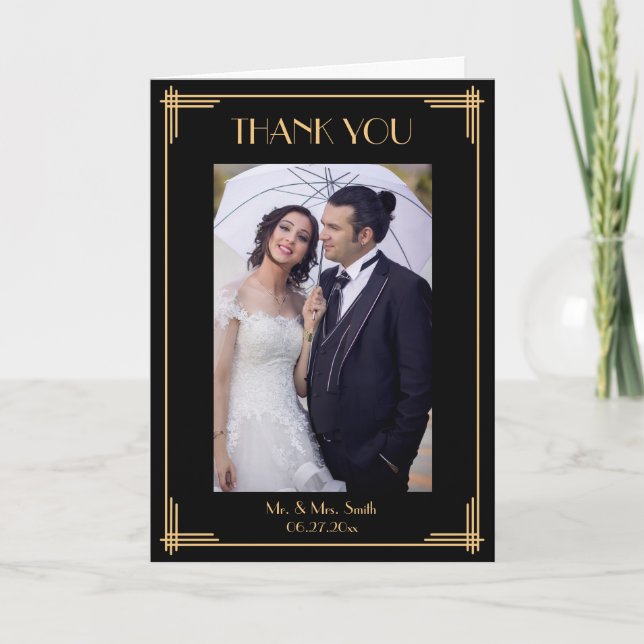 Black Art Deco Thank You Wedding Greeting Cards (Front)